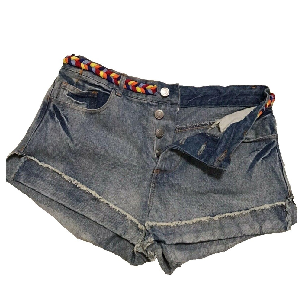 Sam Souci Blue Jean Denim‎ Shorts Button Fly Cuff Belt Women's S